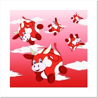 fun red bubble cows in a cloudy sky Posters and Art